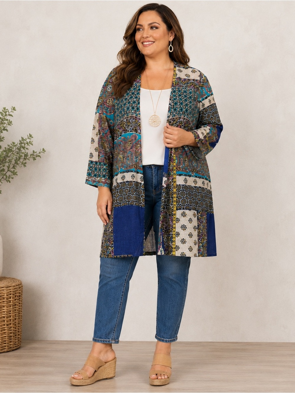 Chico’s 100% Linen Patchwork Paisley Duster Cardigan Blue Boho